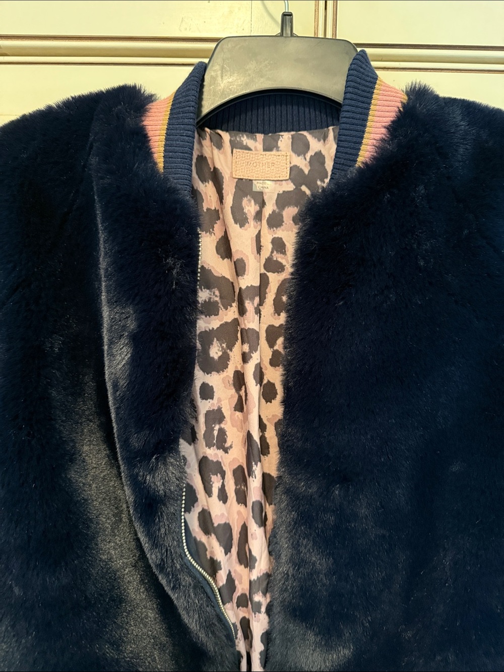 MOTHER Blue Teddy Faux Fur Varsity Jacket with Pink Accents & Leopard lining - Picture 3 of 6